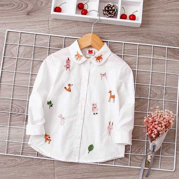 Girls long sleeved white shirt autumn and spring childrens clothing girls 8-12 cartoon fox embroidery top cotton school shirtW240729