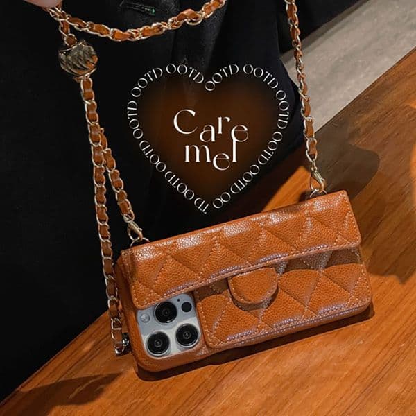 Crossbody Designer Phone Case for Apple iPhone 17 16 15 14 Luxury Pebbled Litchi Leather Diamond Pattern Chains Wallet Card Holder Strap Back Cover Coque Funda Brown