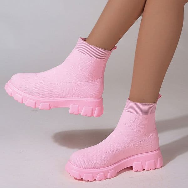 Pink Knitted Ankle Boots Women Fashion Winter 2022 Chunky Platform Sock Shoes Woman Solid Non-Slip Sneakers Slip On Plus Size 43