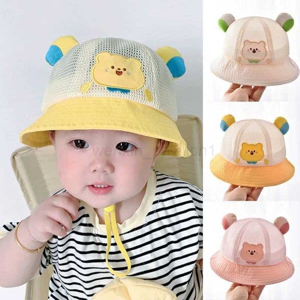 Summer Breathable Mesh Baby Hat Cute Bear Infant Boy Girl Bucket Hats Korean Cartoon Toddler Kids Casual Fisherman CapXJ240730