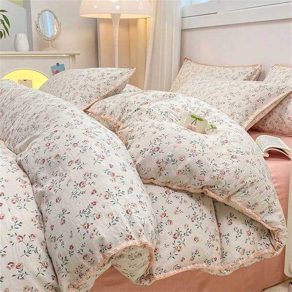 Romantic Floral Bedding Set Washed Cotton Bed Sheet Single Double Size Girls Woman Duvet/Comforter Cover Pillowcase Bed Linens Y240730