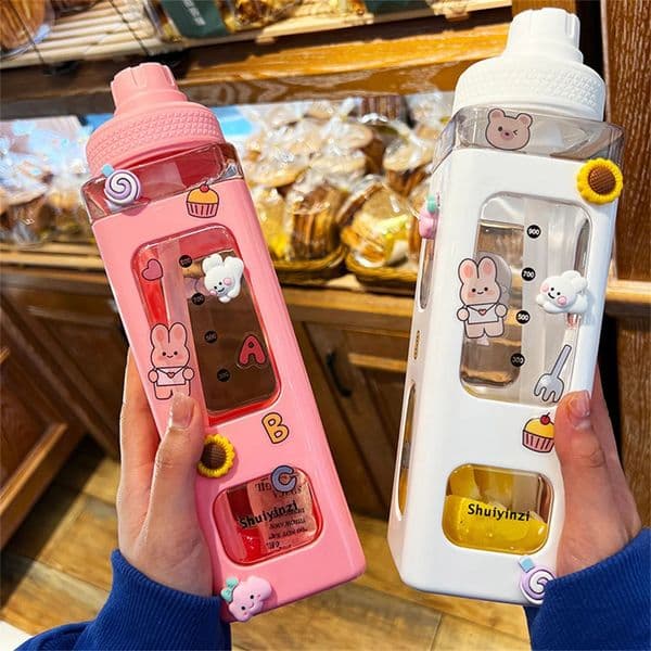 Kavay water bottle with straw 3D cute bear sticker no a plastic square small mouth cup breathable beverage 700ml M260227