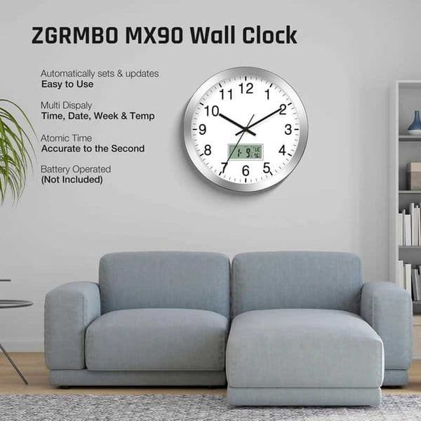 12Inch Atomic Analog Wall Clock With Digital DateWeekIndoor Temp - Battery Operated Atomic Wall Clock Auto Set M240731