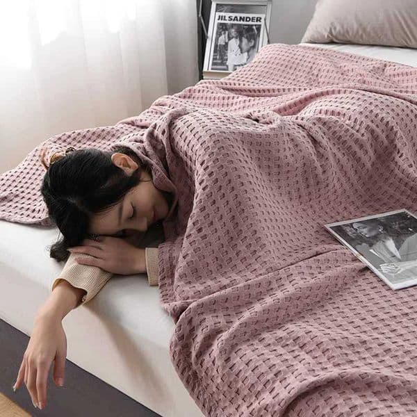 Summer Waffle Plaid Cotton Bed Blanket Throw Thin Quilt Knitted Bedspread Home Hotel Coverlets Green Pink Throw Blankets Y240730