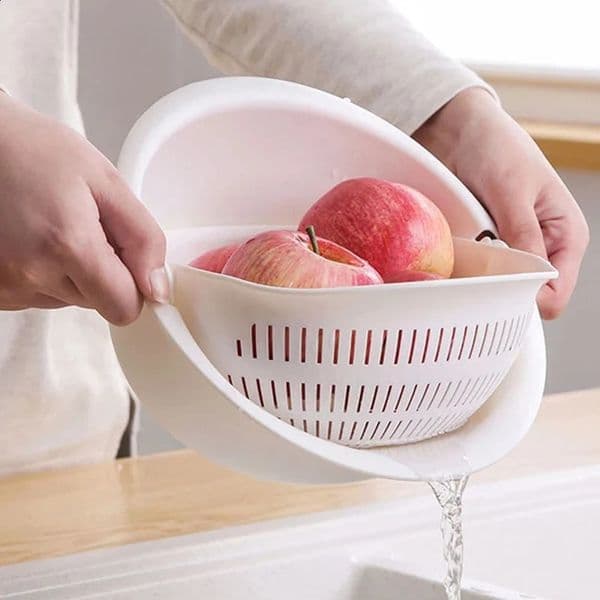 Kitchen Rotatable Double Drain Basket Fruits Vegetables Washing Storage Basket Strainers Bowl Cleaning Filter Colander Tool 250421BJ