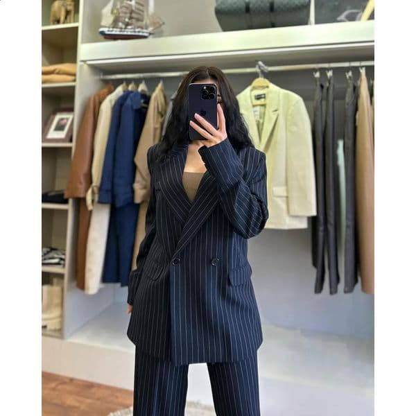 Formal Pinstripe Navy Blue Women Suits Double Breasted Regular Length High Quality Outfits Office 2 Piece Jacket Pants 240821