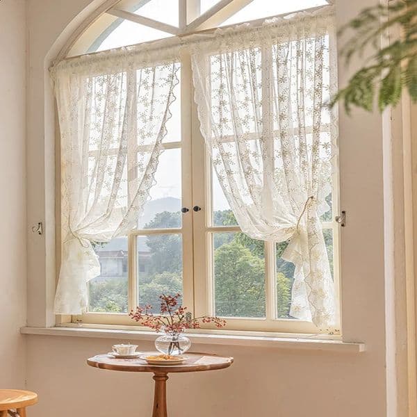 Lace Kitchen Curtain Swaying Beige Sheer Curtains for Living Room Bedroom Window Treatment Short Vintage Floral Embroidery 1 PC 240730