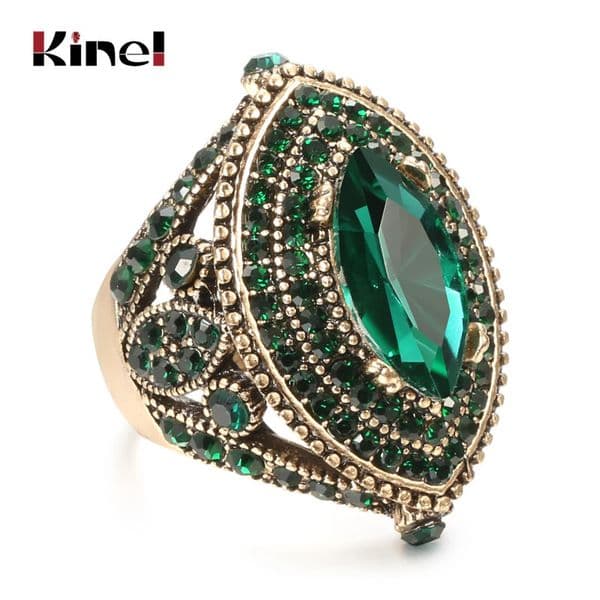 Kinel Antique Ring For Women Vintage Look Green Crystal Boho Jewelry Gold Color Charm Ethnic Wedding 241031