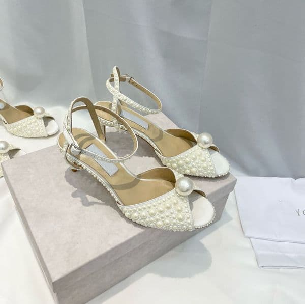 High Heels, Open Toe Sandals, Pearl Bridal Leather Shoes, Classic Platinum Buckles, 3 Heights 35-40, Slim Heels, Dance Shoes, Women's Wedding Sandals