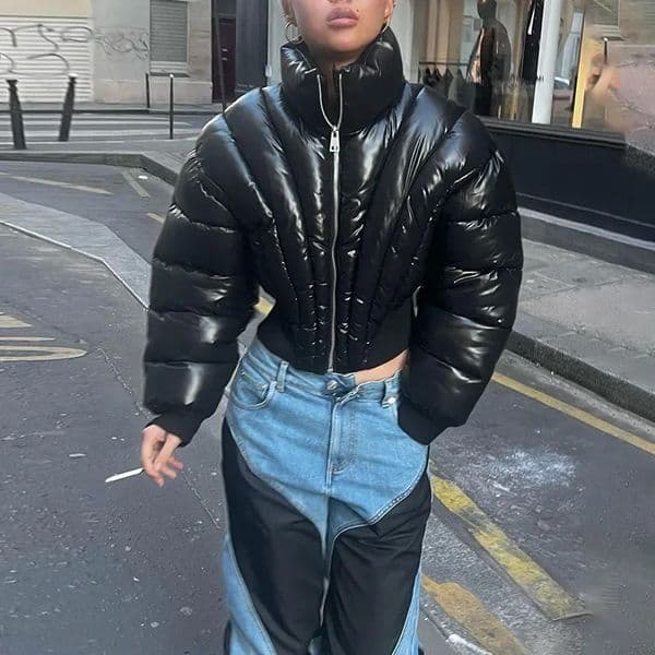 Street Women Broad Shoulder Puffer Jackets High Waist Warm Bubble Coats Slim Jacket Parkas Zipper Cropped Down 241031