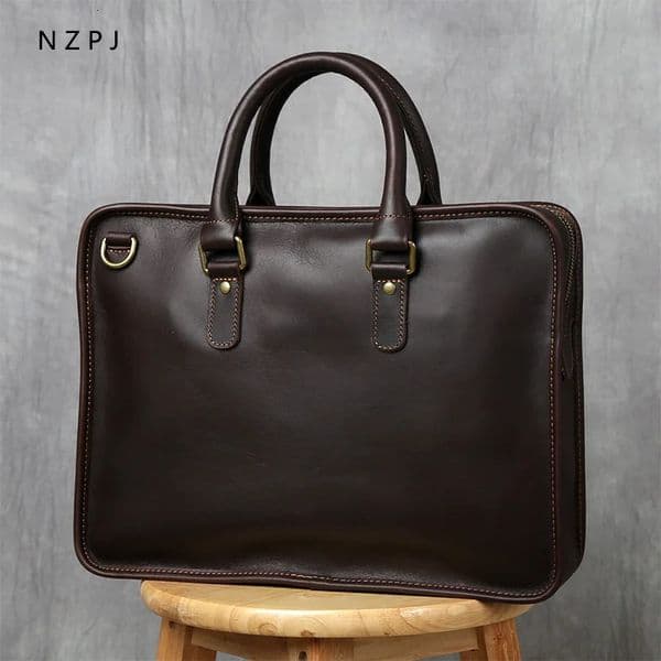 NZPJ Retro Mens Briefcase Leather Laptop Bag Top Layer Cowhide Casual Handbag 14 Inch Business Shoulder Messenger 241029