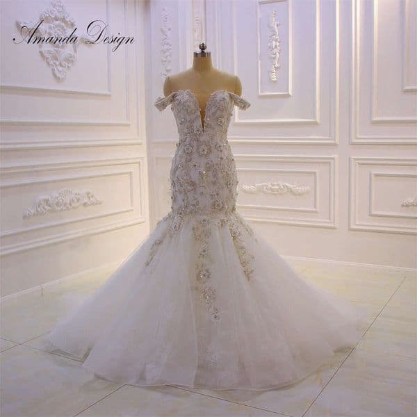 Amanda Design Bride Off Shoulder Sleeves Lace Applique Mermaid Wedding Dress