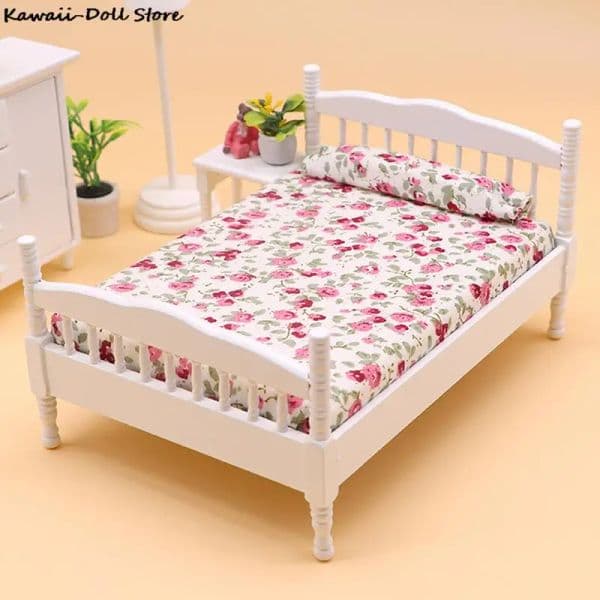 Retro 1:12 Dollhouse Miniature 2025 White Toy Bed Pastoral Style Floral Single Bed Furniture For Doll new House Bedroom Decor Accessories