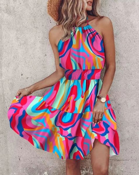 Summer Fashion Print Halter A-line Dress Women Sexy Beach Style Sleeveless Backless High Waist Ruffle Chiffon Mini Dress Women 240318