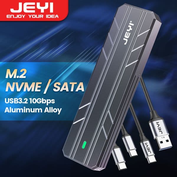JEYI M.2 NVME SATA SSD Enclosure, USB C 3.2 Gen 2 10Gbps or 6Gbps SATA M-Key(B+M Key) SSD Reader Dual Protocol Hard Disk Case