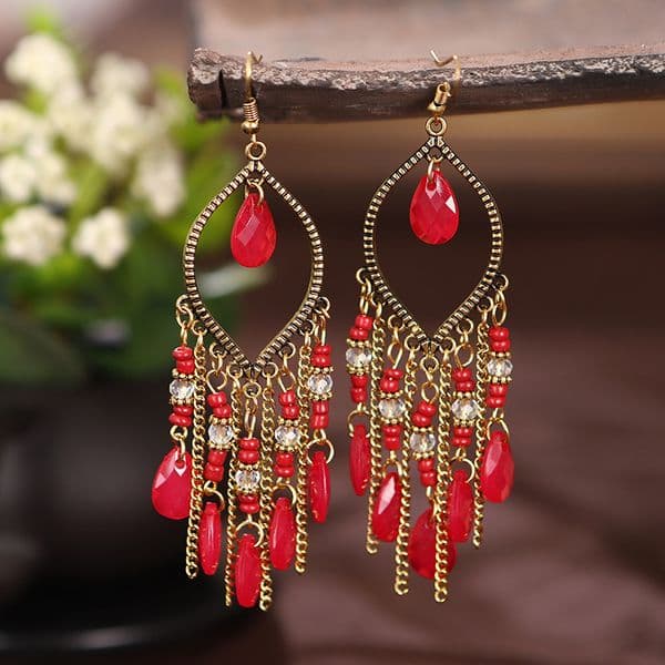 Bohemian Antique Gold Color Long Water Drop Tassel Earrings for Women Vintage Colorful Geometric Drop Dangle Earrings Jewelry