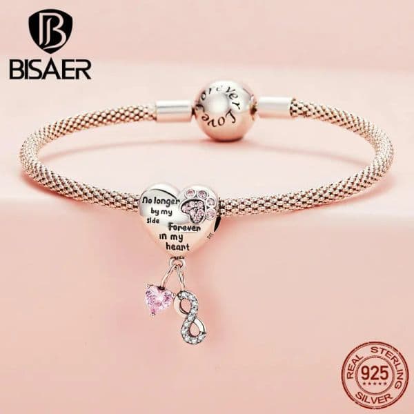 BISAER 925 Sterling Silver Cute Pet Paw Dog Charms Pink Crytal Heart Bead Fit Women DIY Bracelet & Necklace Family Fine Jewelry