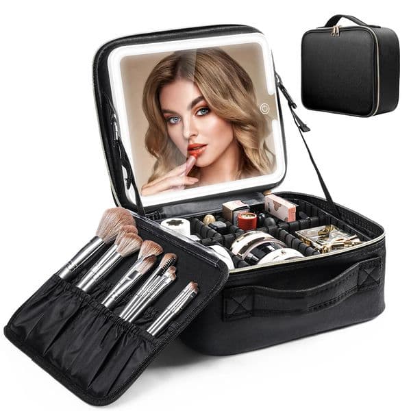 Travel makeup bag with LED light mirror makeup train case with adjustable divider used for home gift vacation 241031