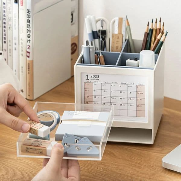 Creative 360 ° Rotary Pen Holder With Desk Calendar Desktop Stationery Organizer Large Capacity Pencil Storage Box School Office