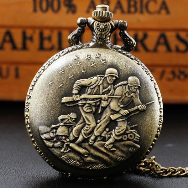 Bronze Soldiers Design Quartz Pocket Watch Sweater Necklace Chain Military Army Pendant Pocket Clock Souvenir Gift For Men