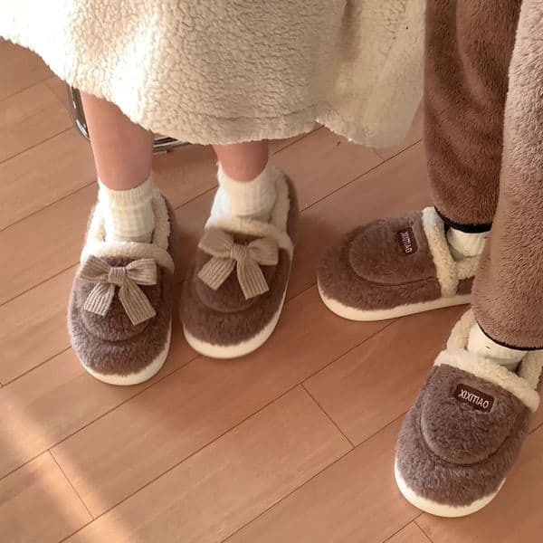 Slipper Fluffy slipper ladies plush retro style bow Winter sweet girl home casual fashion platform shoes Indoor cotton 00b3