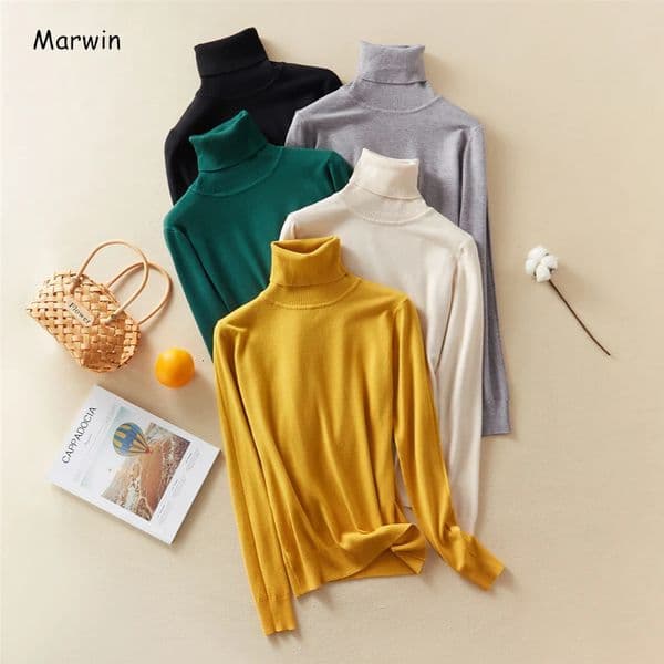 Marwin Coming Autumn Winter Top Solid Pull Femme Pullover Thick Knitted Womens Turtle Neck Oversized Womens Sweater 241104