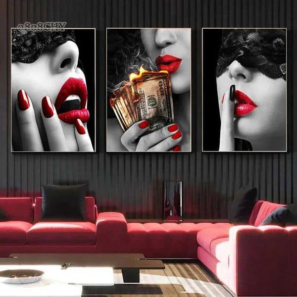 Sexy Red Lips Women Burning Money Cash Posters and Prints Canvas Paintings Fashion Girl Portrait Wall Art Picture Bar Home DecorXJ241104