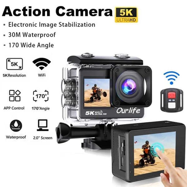 Action Camera 5K 4K60FPS EIS WiFi 170D 2.0-inch Touch Sn 30M Waterproof 5X Zoom Sports Camera with Remote Control and 32GB Card M241104