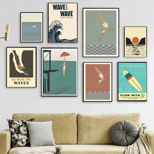 Vintage Maritime Surfing Beach Poster Abstract Female Diver Canvas Painting Swimming Pool Wall Art Picture for Room Home DecorXJ241104