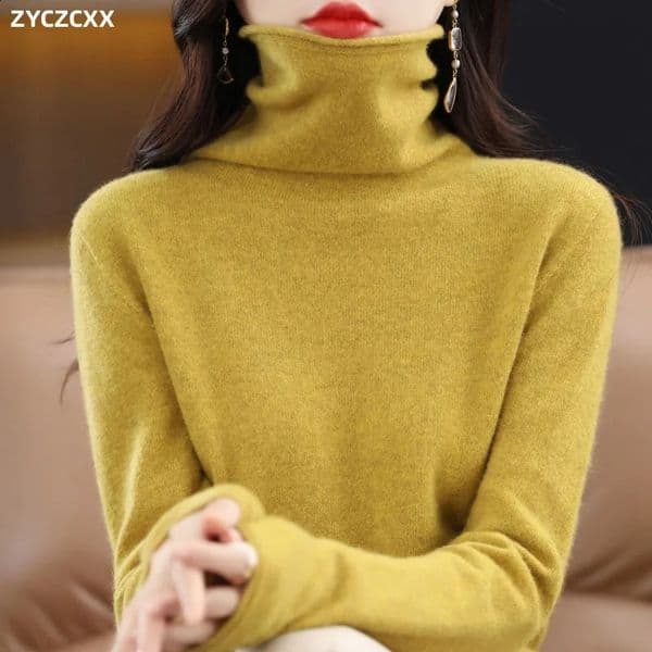 100% Merino Wool Turtleneck Pullover Knitwear Womens Autumn And Winter Warm Sweater Womens Solid Color Pile Neck Sweater 241105