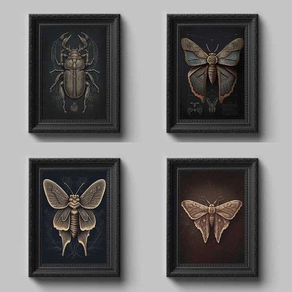 Vintage Dark Academia Insect Beetle And Golden Moth Poster Canvas Painting Wall Art Pictures Gothic Style Home School DecorXJ241104