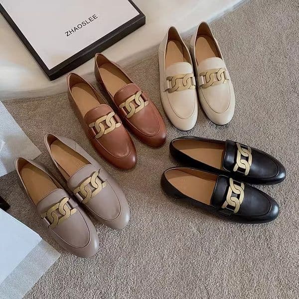 ffefa Metal Spring New Chain Woman All Match Flats Brand Designer Small Leather Shoes Preppy Girls Moccasins Ladies Loafers