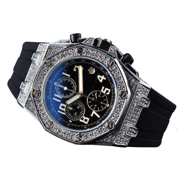 New quartz with 6-pin multifunctional carved watch, fashionable diamond inlaid men's watch