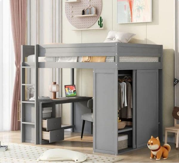 Wood Full Size Loft Bed with Wardrobes and 2-Drawer Desk with Cabinet Sturdy Frame Maximized Space for Bedroom Apartment