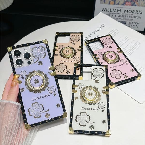 Luxury Diamond Luck Flower Square Case With Ring Stand Shockproof For iPhone 16 15 14 13 12 11 Pro Max Samsung S23 FE S22 S24 S25 Ultra A15 A35 A55 A06 A16 A26 A36 A56 A05 A05S