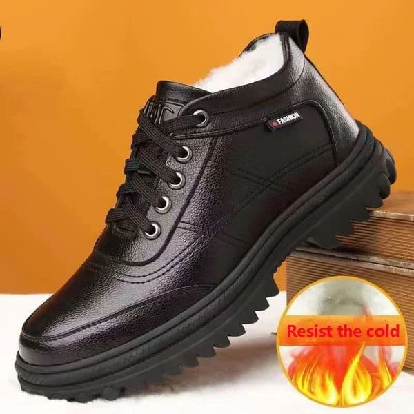 2025 New Men's Winter Casual Leather Shoes Men's Solid Color Thick Warm Cotton Business Shoes Outdoor Fashion Waterproof Anti Slip Snow Boots