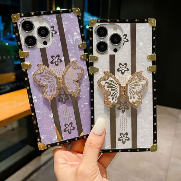Luxury Diamond Butterfly Square Cases Stand TPU Metal Corner Shockproof For iPhone 16 15 14 13 12 11 Pro Max Samsung S21 S23 FE S22 S24 Ultra A15 A35 A55 A06 A16 A05 A05S A25