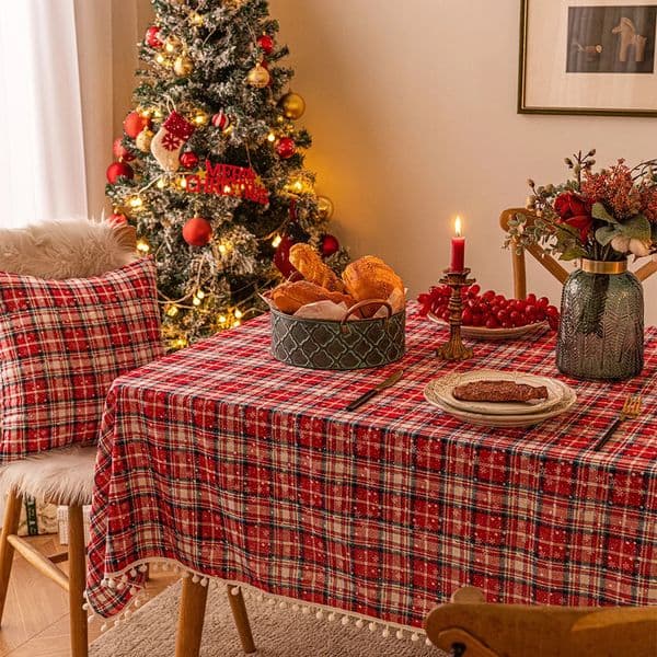 Red Christmas Plaid Snowflake Tablecloth Years Eve Table Decorations Cloth Ambience Background Gifts 241107