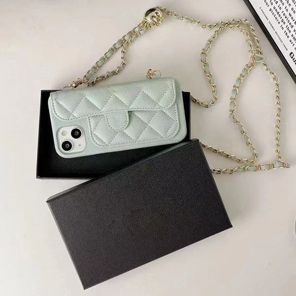 Crossbody Designer Phone Case for Apple iPhone 17 16 15 14 13 Luxury Diamond Leather Chains Card Holder Strap Velvet Lining Hard Shell Back Cover Coque Funda