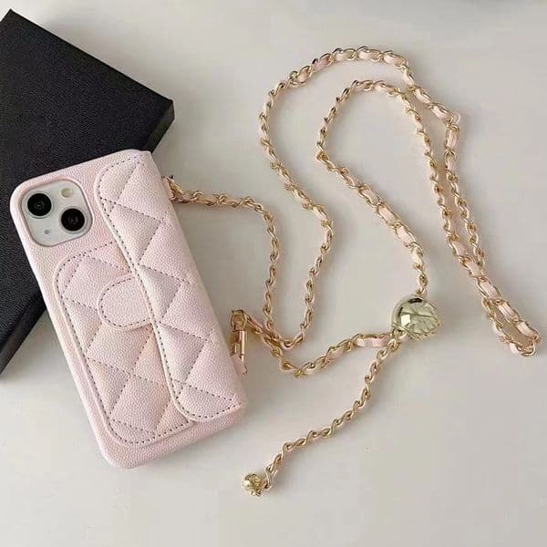 Crossbody Phone Case for Phone Luxury Diamond Leather Chains Card Strap Velvet Lining Hard Shell Back Cover Coque Funda Pink R251211