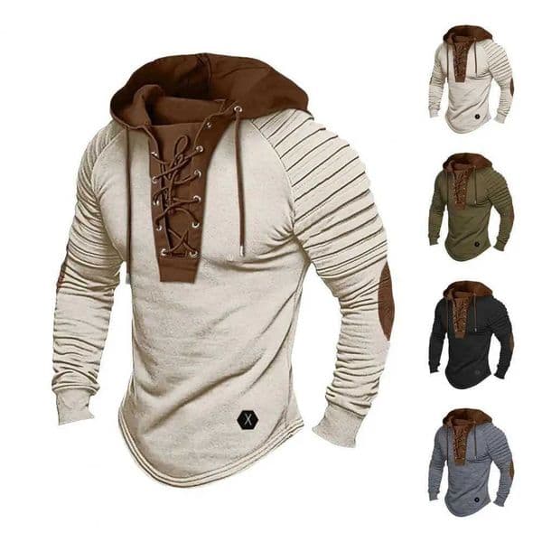 Mens solid color casual T-shirt long Sved shirt slim fit pleated hood Strt vacation lace patchwork workwear W241108