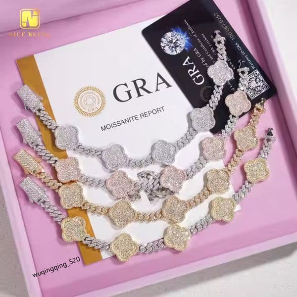 Custom Full Iced Out Cuban Link Have a certificate Sier Two Tone Clover Lucky Chain Bracelet VVS Moissanite Jewelry Elegant Dazzling For Men Women