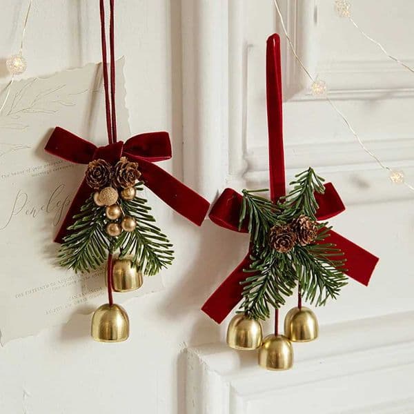 1pcs Christmas Pendant Red Velvet Bow Pinecone Bell xmas Tree Hanging Ornament Christmas Home Door Handle Hanging decor new yearXJ241107