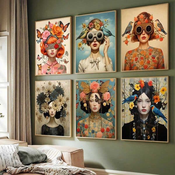 Nordic Scandinavian style glasses for women flower and bird wall art canvas painting portrait poster printing modern home decoration X241107