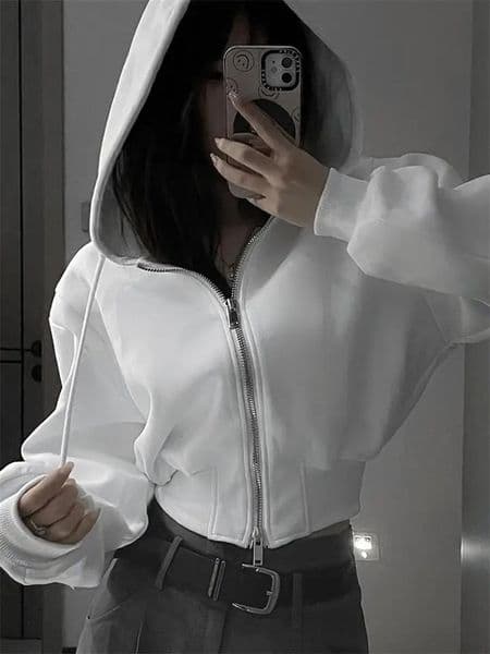 Casual Short Hooded Sweatshirt Women Zip Up Hoodies Mujer Solid Harajuku Long Sleeve Slim fit Crop Top Female Jackets Coat 241108