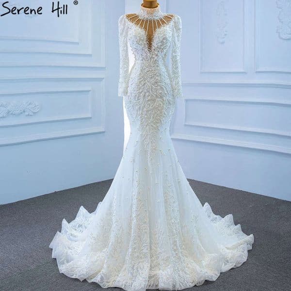Hill Muslim Serene White Mermaid Wedding Dresses Gowns Elegant Beading Pearls Bride Dress HM Custom Made