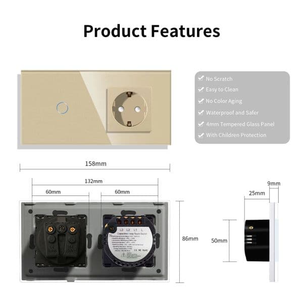 ZigBee Switch Smart Light Switches and Power Socket Parts Need Neutral,Gold Glass Panel EU 2025 Wall Outlets new DIY Part Smart Home