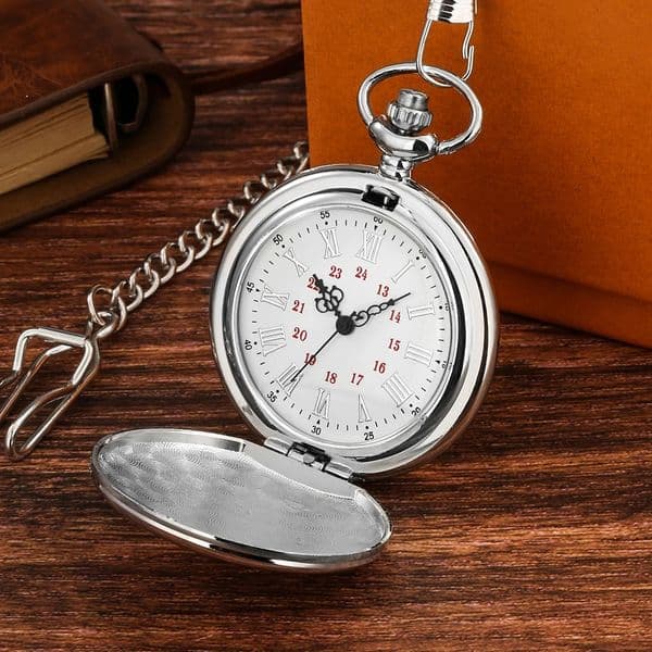 Men Women Quartz Double Glossy Silver Pocket Watch Roman Numerals Dial Silver Case with Chain For Birthday Christmas Gifts