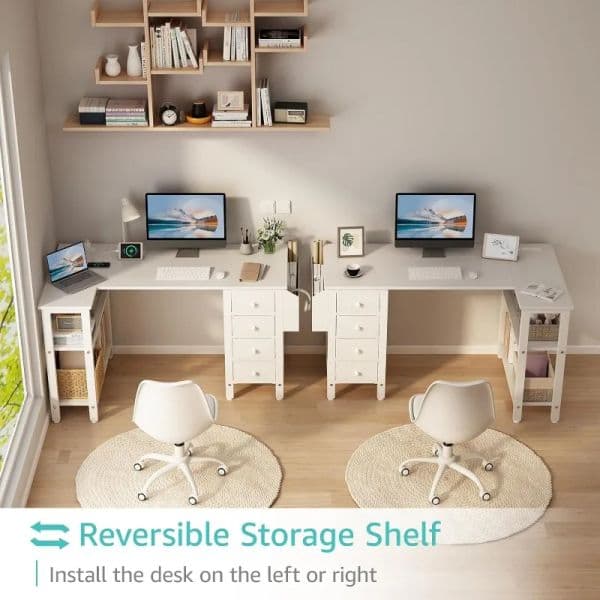 Lufeiya White L Shaped Computer Desk with Drawers u0026 Storage Shelves 47 Inch Corner Desk with Power Outlet for Home Office