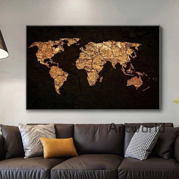 Elegant black and gold world map canvas art premium global design used for living room wall decoration luxury home decoration W241109